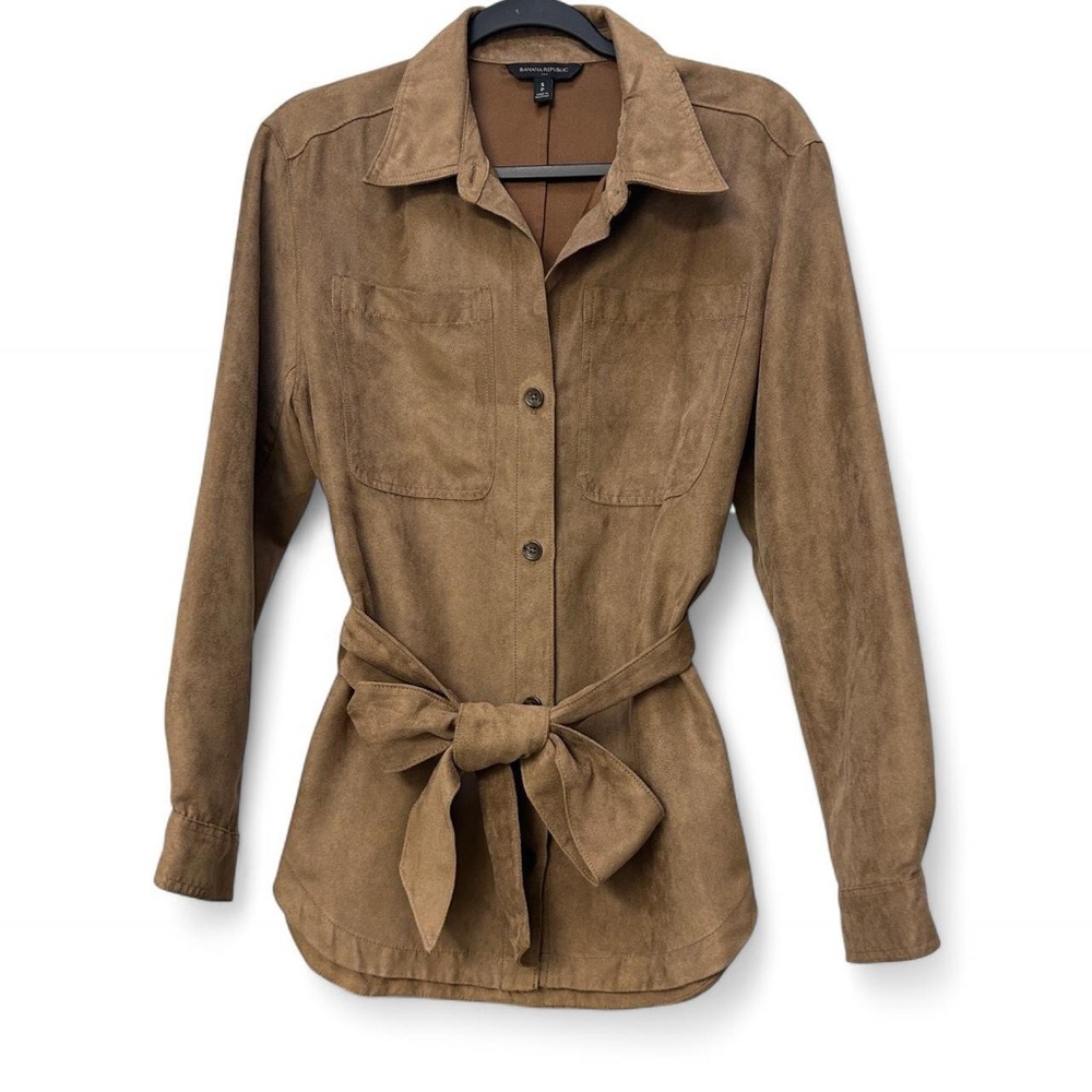 Banana Republic Faux Suede Belted Shirt Jacket Shacket Tan Camel Brown Small